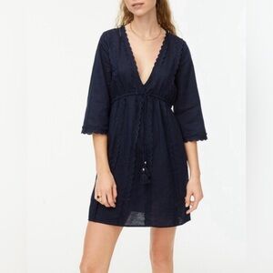 EUC J. Crew Cotton Linen V-neck Tunic Dress Scalloped Drawstring Cover-up Navy L